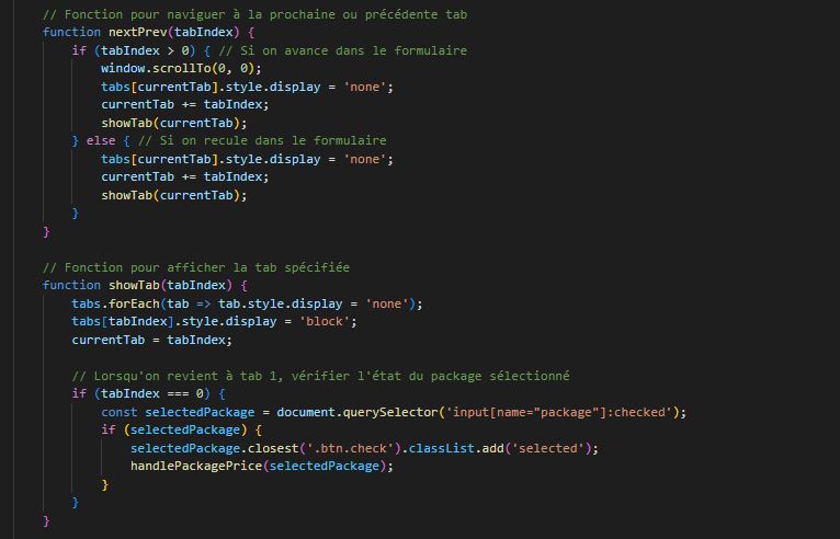 Code des scripts pour les onglets